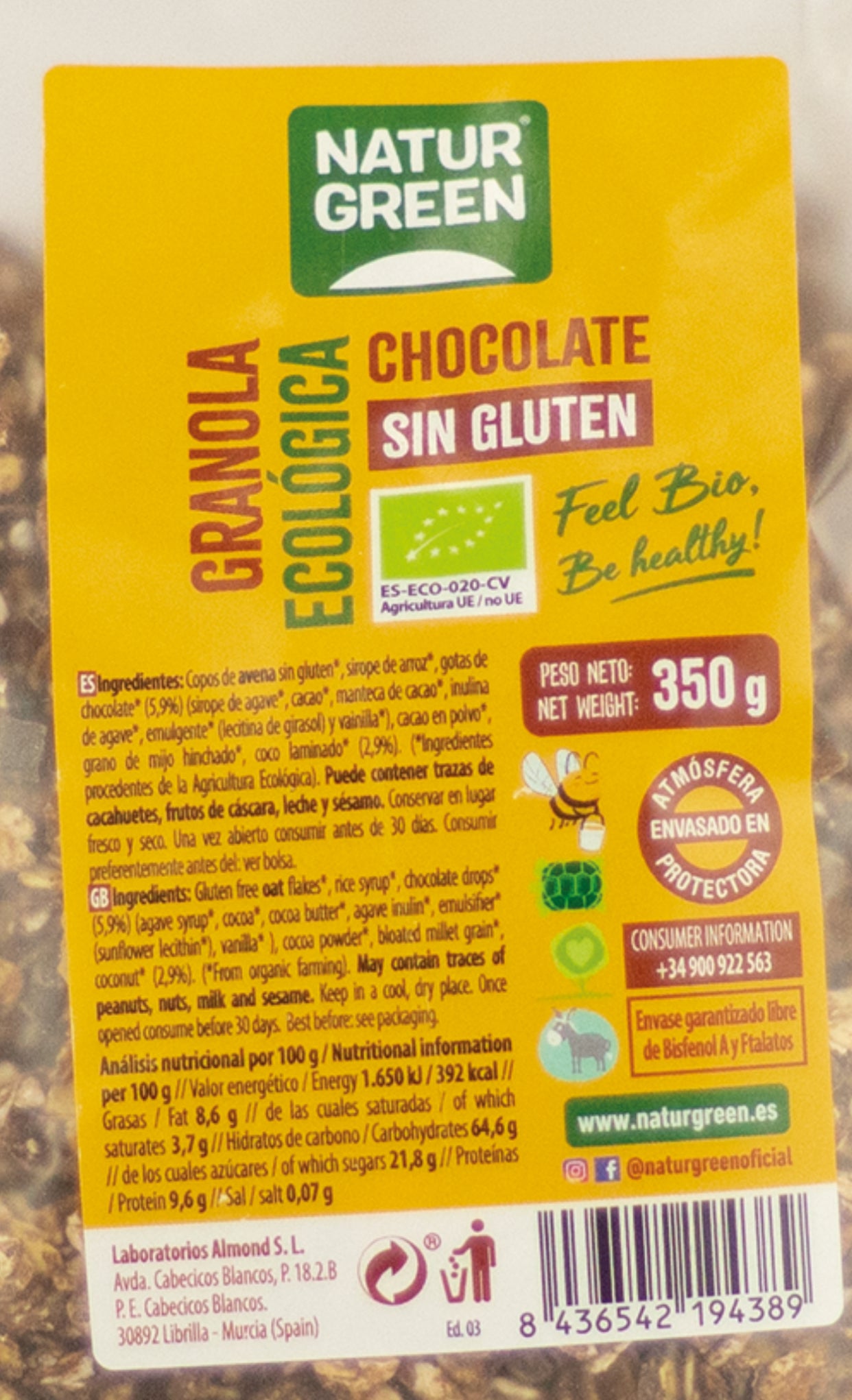 Granola Chocolate Sin Gluten Bio 350g