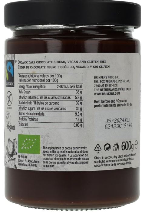 Crema de Chocolate Negro Vegano Sin Gluten Formatos de 270g-600g