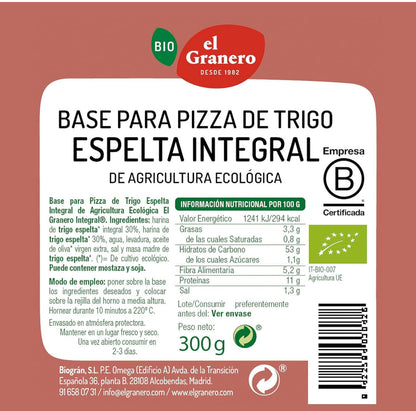 Bases de Trigo Espelta Integral para Pizza Bio - 2 unidades, 300 g