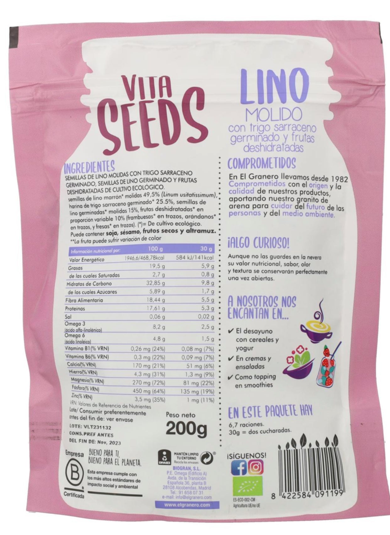 Vitaseeds Semillas Molidas para Ensalada sin Gluten Bio, 200g