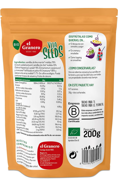 Vitaseeds Semillas Molidas de Lino, Chía, Manzana y Canela sin Gluten Bio, 200g