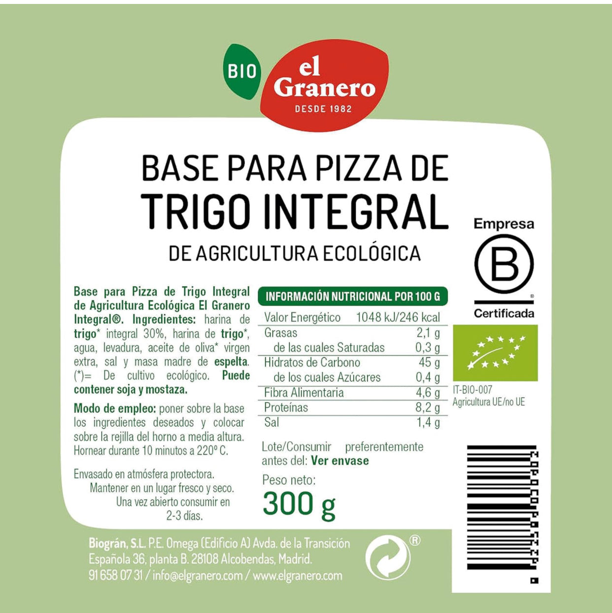 Bases de Trigo Integral para Pizza Bio - 2 unidades, 300 g