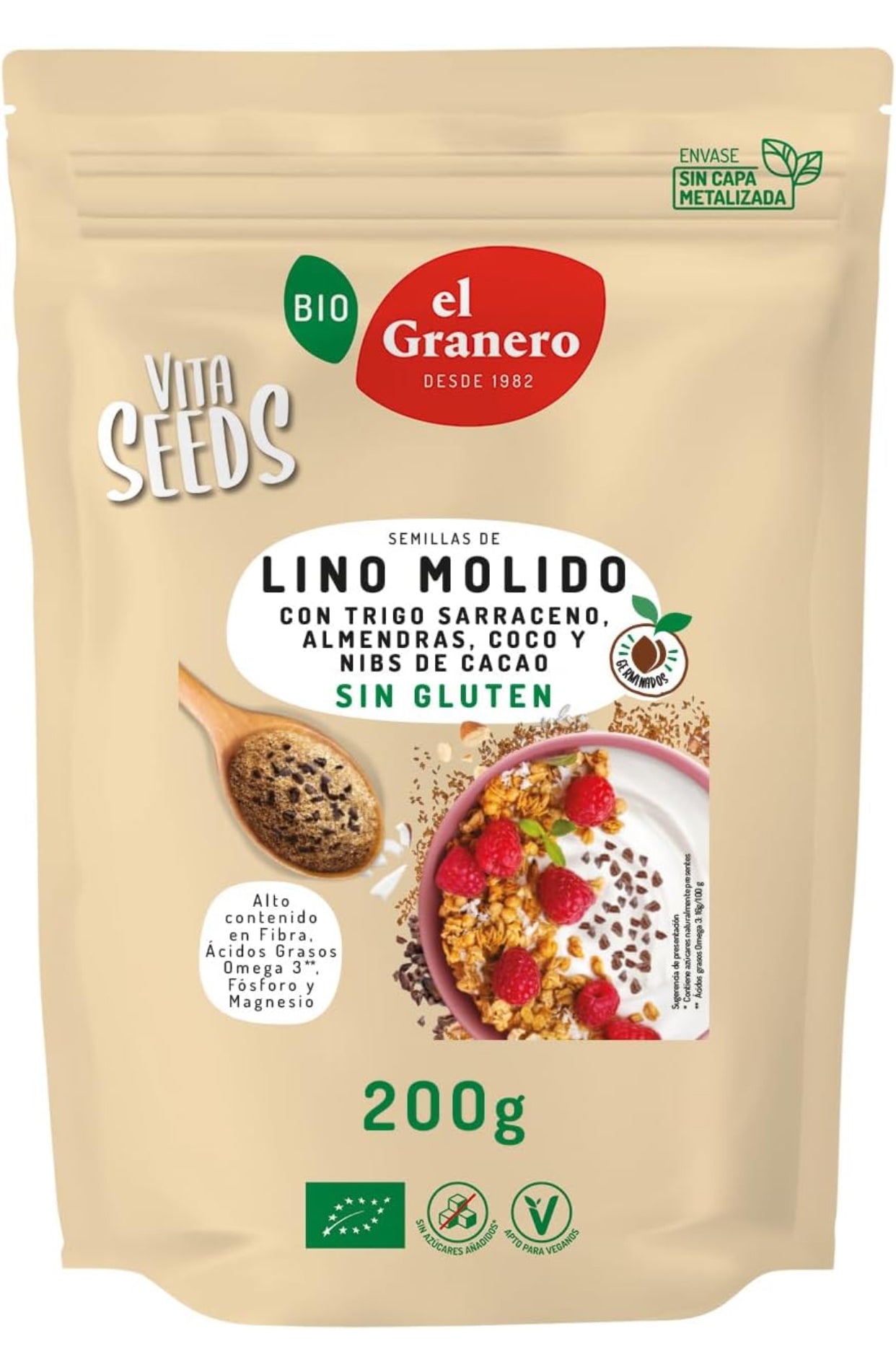 Vitaseeds Lino Molido con Trigo Sarraceno, Nibs de Cacao y Coco Bio, 200g