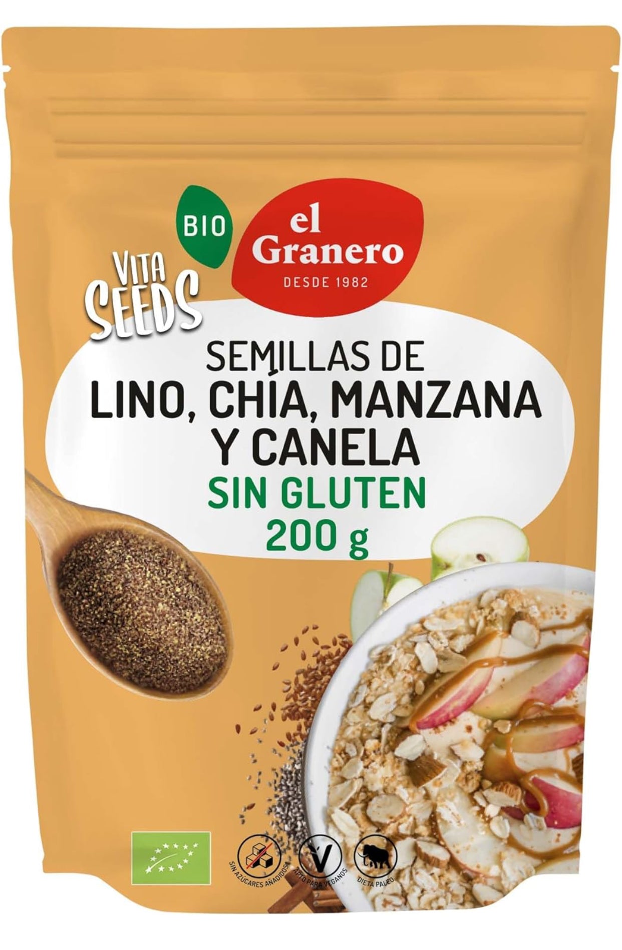 Vitaseeds Semillas Molidas de Lino, Chía, Manzana y Canela sin Gluten Bio, 200g