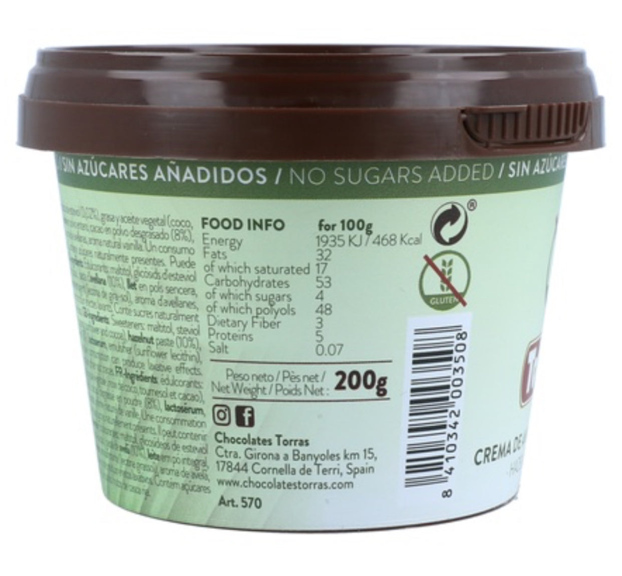 Crema de Avellana y Cacao Sin Azúcar y con Stevia, 200g