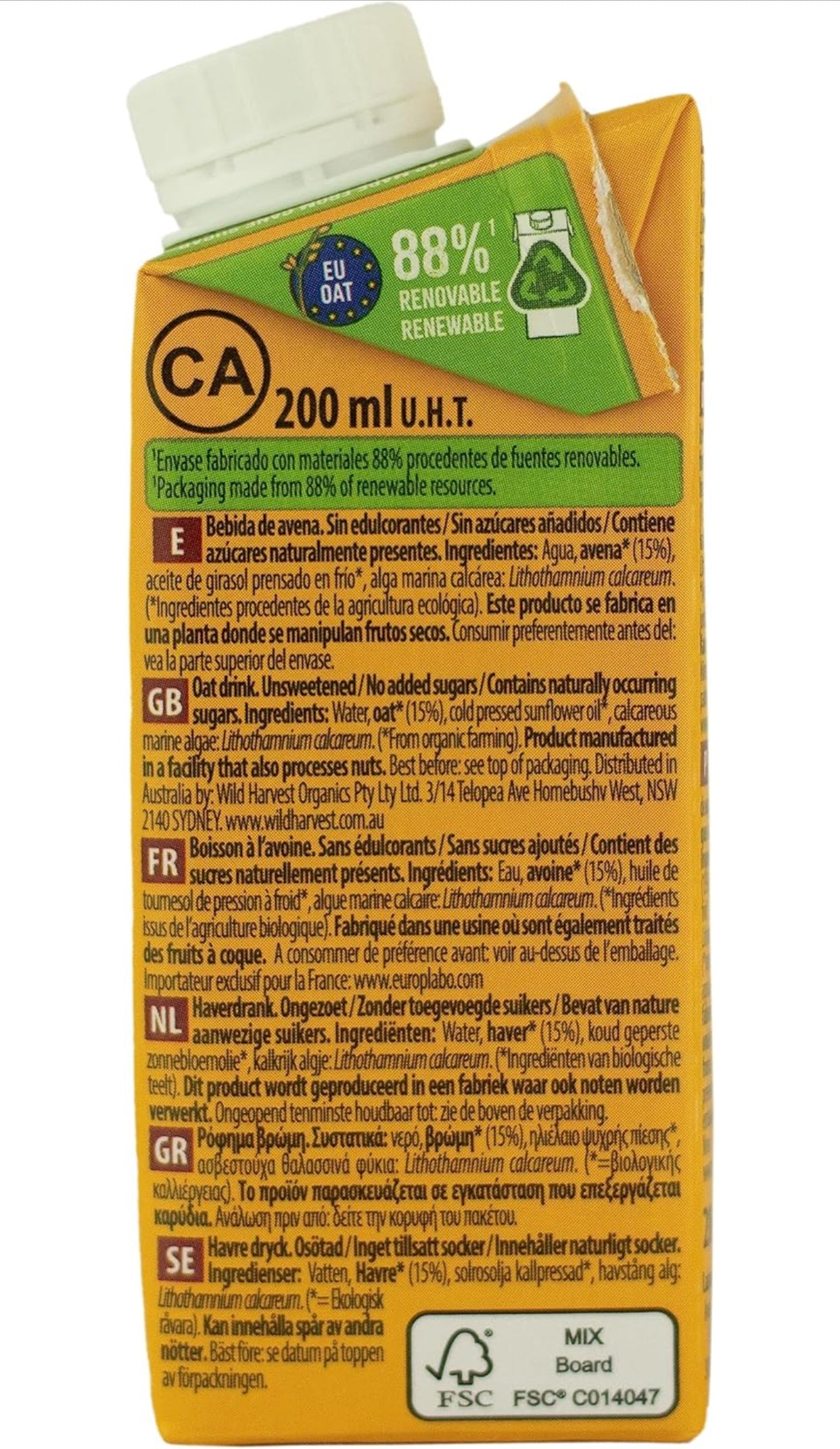 Bebida de Avena Sin Azúcares Añadidos con Calcio Bio - 200 ml